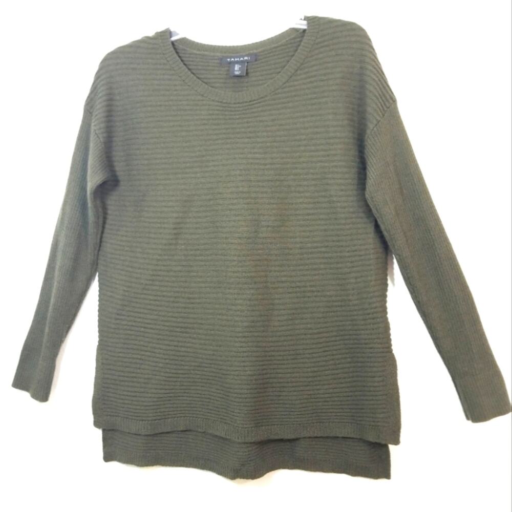 Tahari olive high low wool blend ribbed sweater L
